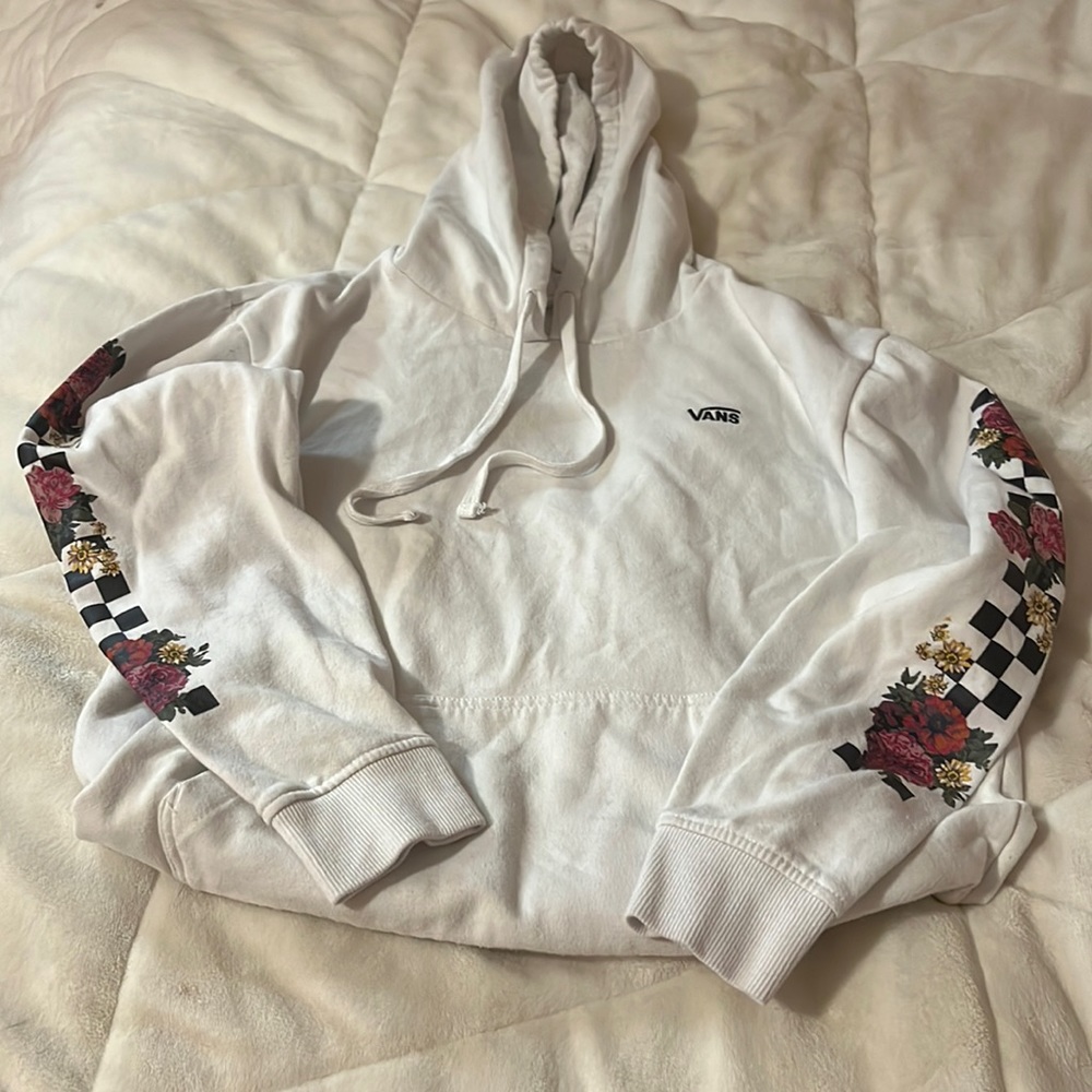 checkered with flowers down each sleeve, vans brand, white hoodie
